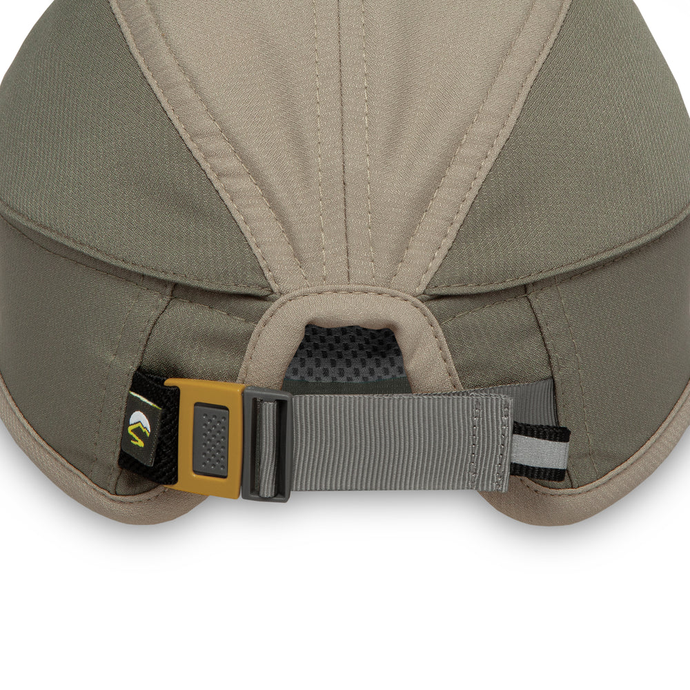 Close-up rear view of a beige and gray adjustable hat with a yellow buckle and a small black brand tag.