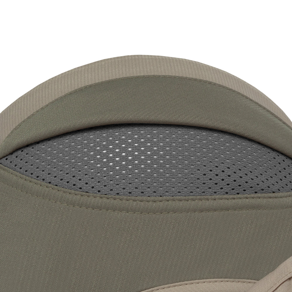 Close-up detail of a product showing a curved olive green fabric surface with a gray perforated mesh section and a beige stitched trim against a white background.